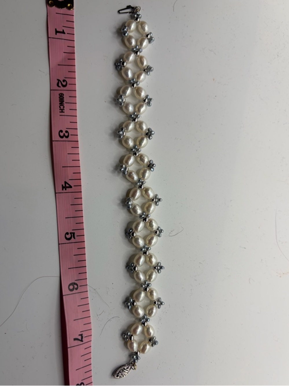 14k Signed White Gold Real Pearl Bracelet Anklet Classic White And Gray 8 Inch